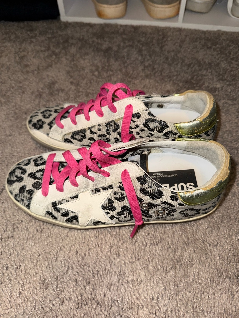 Golden Goose Leopard Sneakers with Pink Laces and Gold Heel - Picture 1 of 5